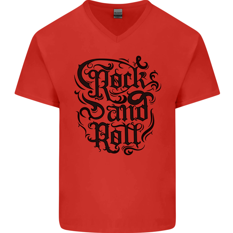 Rock and Roll Music Mens V-Neck Cotton T-Shirt Red