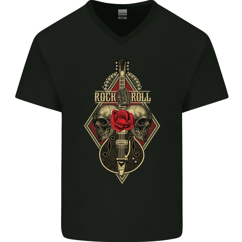 Rock n Roll Guitar Skull Guitarist Electric Mens V-Neck Cotton T-Shirt Black