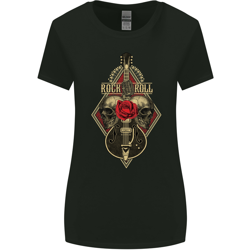 Rock n Roll Guitar Skull Guitarist Electric Womens Wider Cut T-Shirt Black