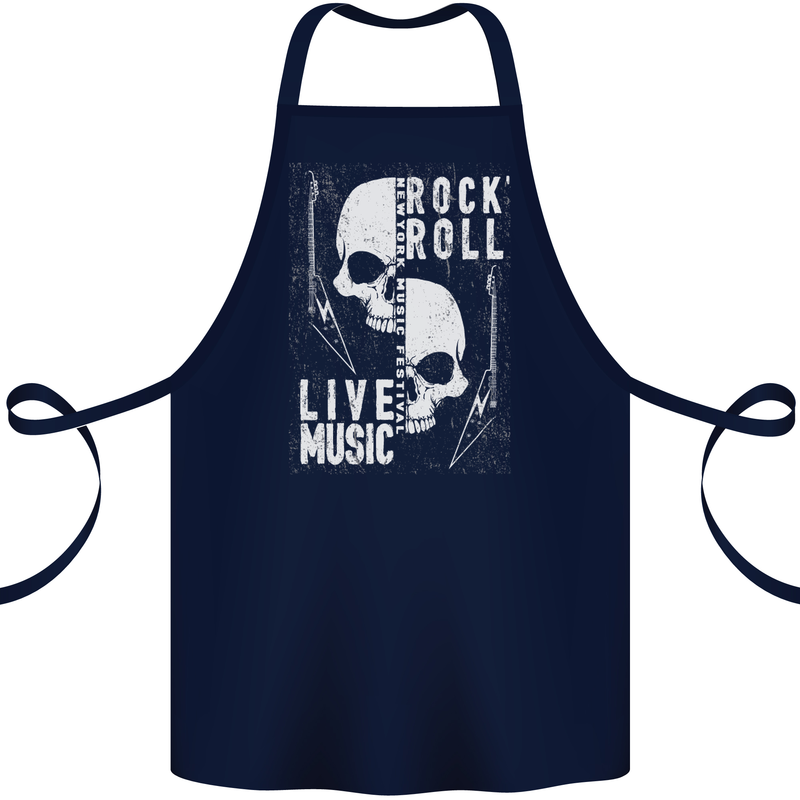 Rock n Roll Live Music Skull Guitar Cotton Apron 100% Organic Navy Blue