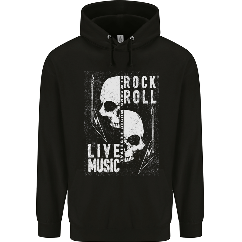 Rock n Roll Live Music Skull Guitar Mens 80% Cotton Hoodie Black
