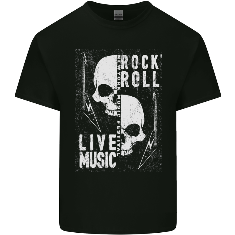 Rock n Roll Live Music Skull Guitar Mens Cotton T-Shirt Tee Top Black