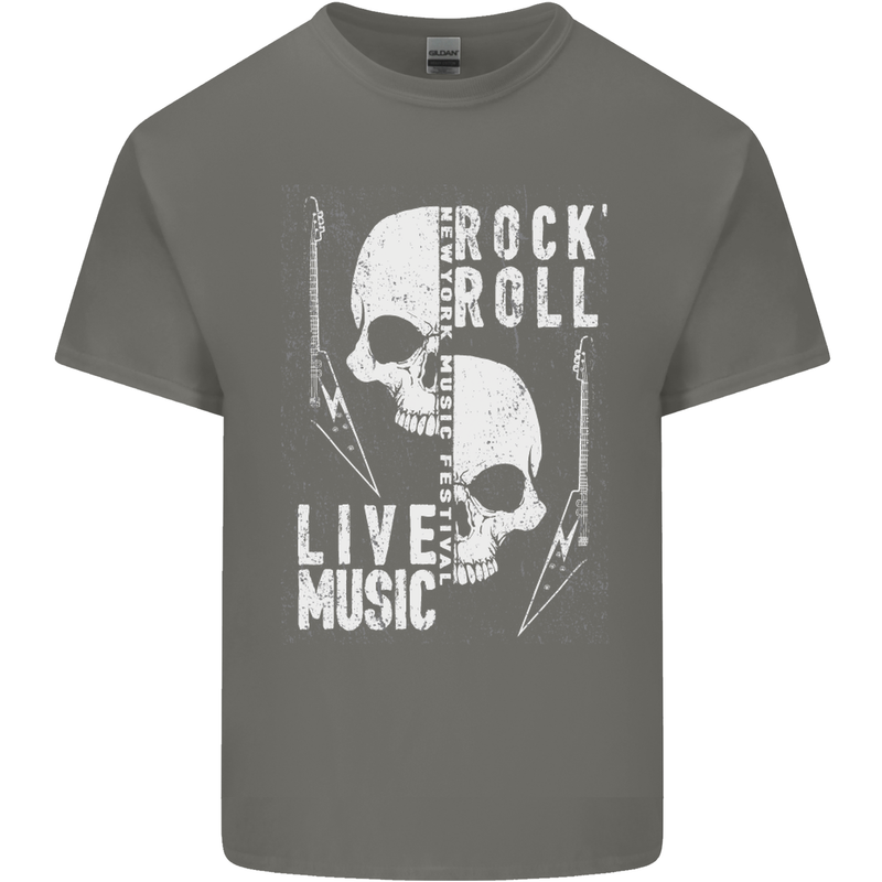 Rock n Roll Live Music Skull Guitar Mens Cotton T-Shirt Tee Top Charcoal