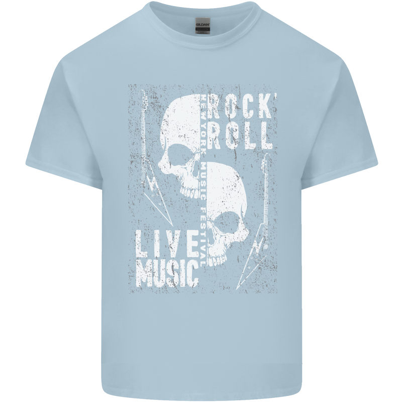 Rock n Roll Live Music Skull Guitar Mens Cotton T-Shirt Tee Top Light Blue