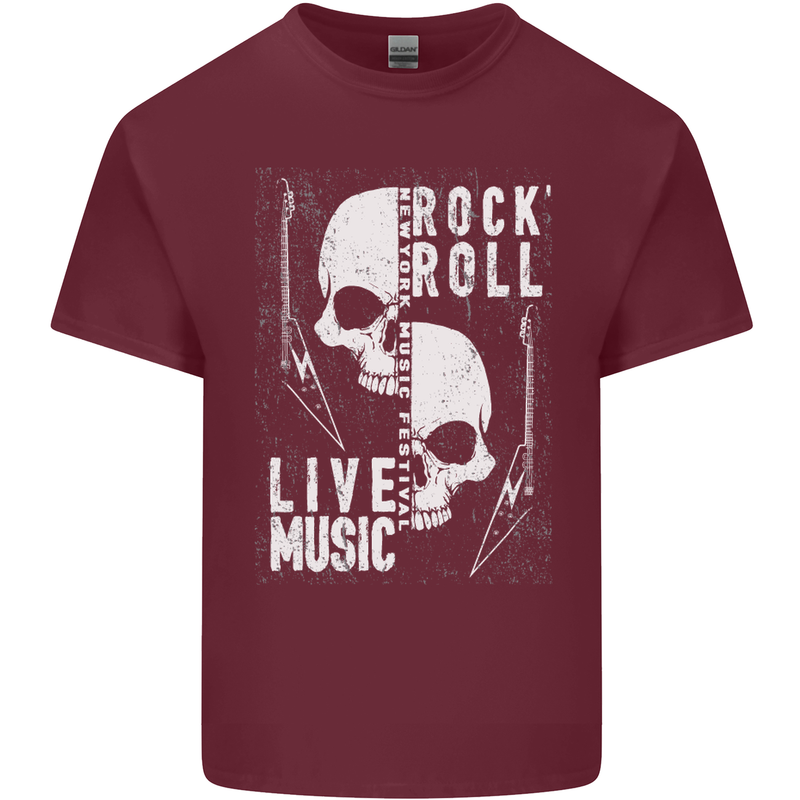 Rock n Roll Live Music Skull Guitar Mens Cotton T-Shirt Tee Top Maroon