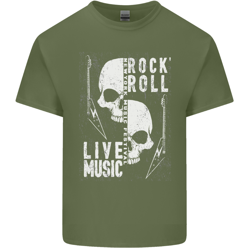 Rock n Roll Live Music Skull Guitar Mens Cotton T-Shirt Tee Top Military Green