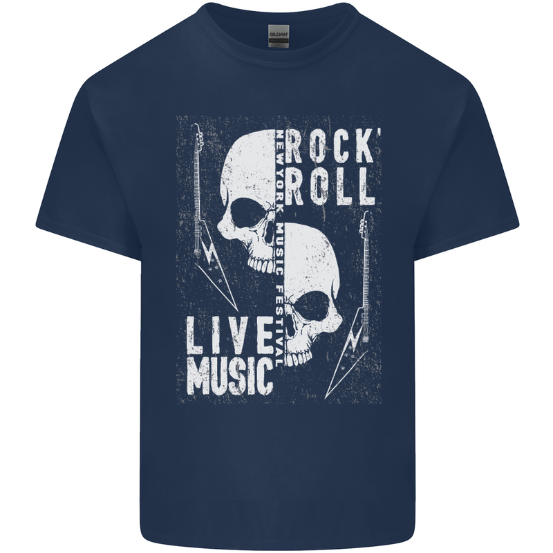 Rock n Roll Live Music Skull Guitar Mens Cotton T-Shirt Tee Top Navy Blue