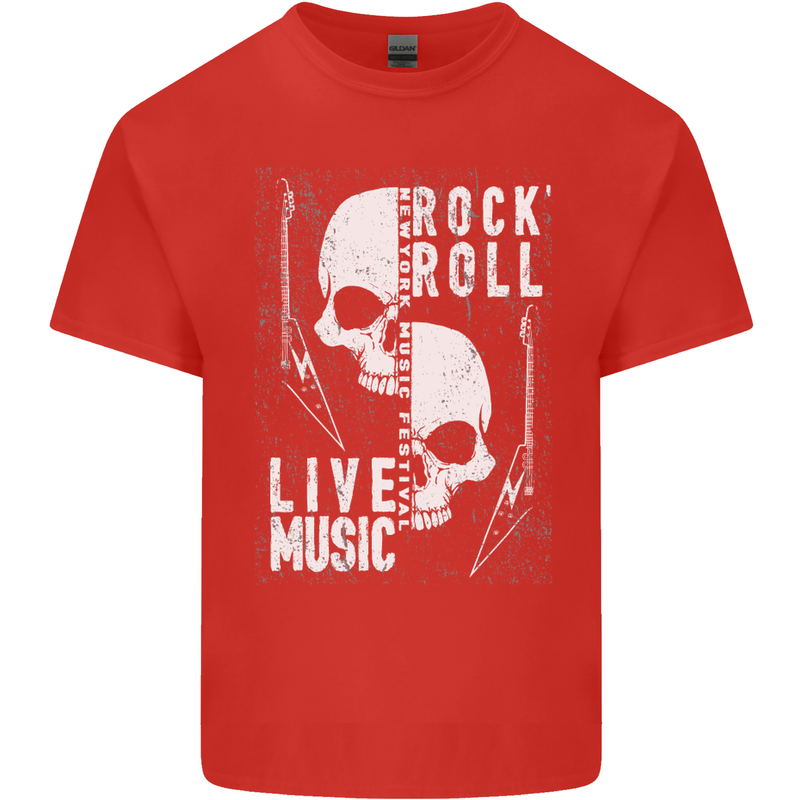 Rock n Roll Live Music Skull Guitar Mens Cotton T-Shirt Tee Top Red