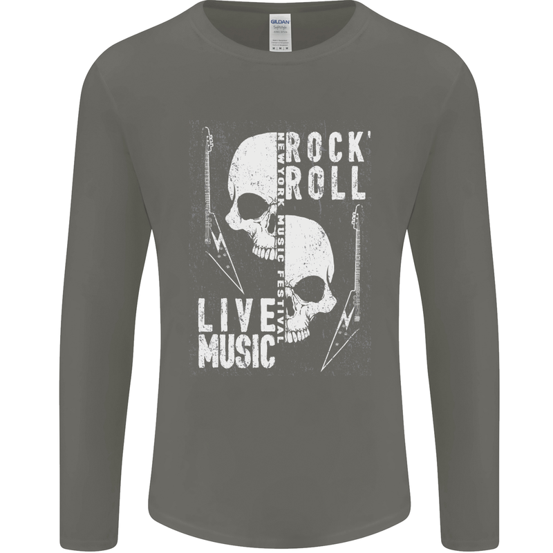 Rock n Roll Live Music Skull Guitar Mens Long Sleeve T-Shirt Charcoal