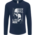 Rock n Roll Live Music Skull Guitar Mens Long Sleeve T-Shirt Navy Blue