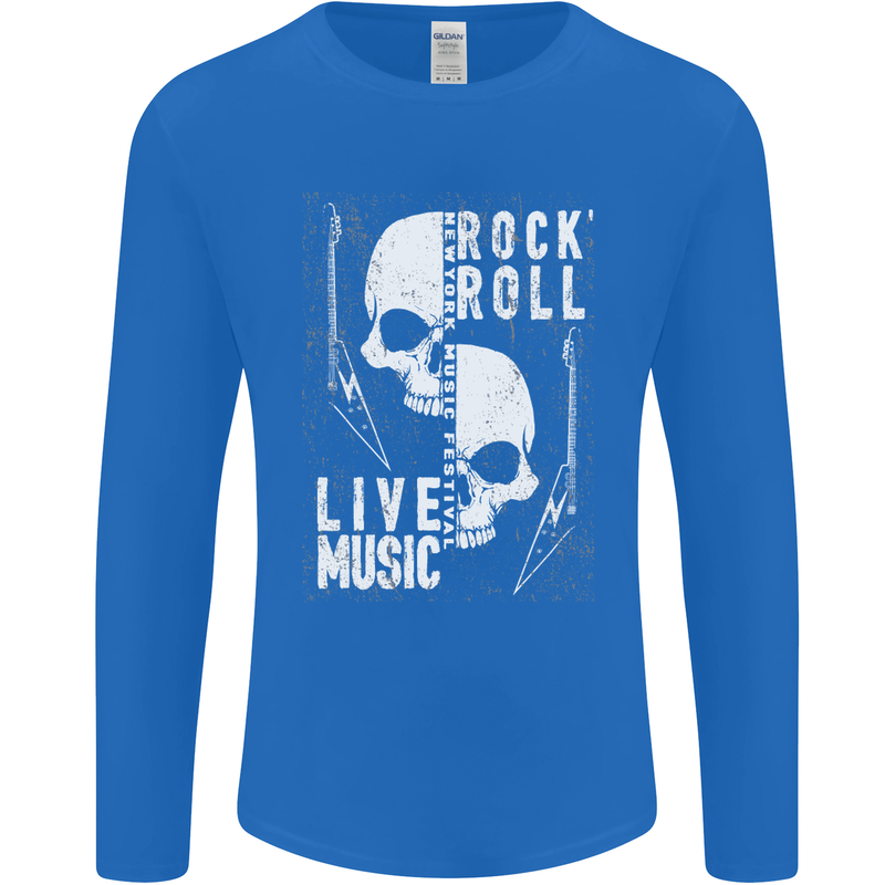 Rock n Roll Live Music Skull Guitar Mens Long Sleeve T-Shirt Royal Blue