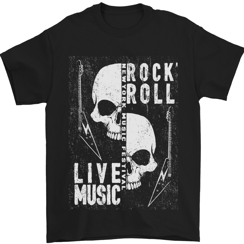 Rock n Roll Live Music Skull Guitar Mens T-Shirt Cotton Gildan Black