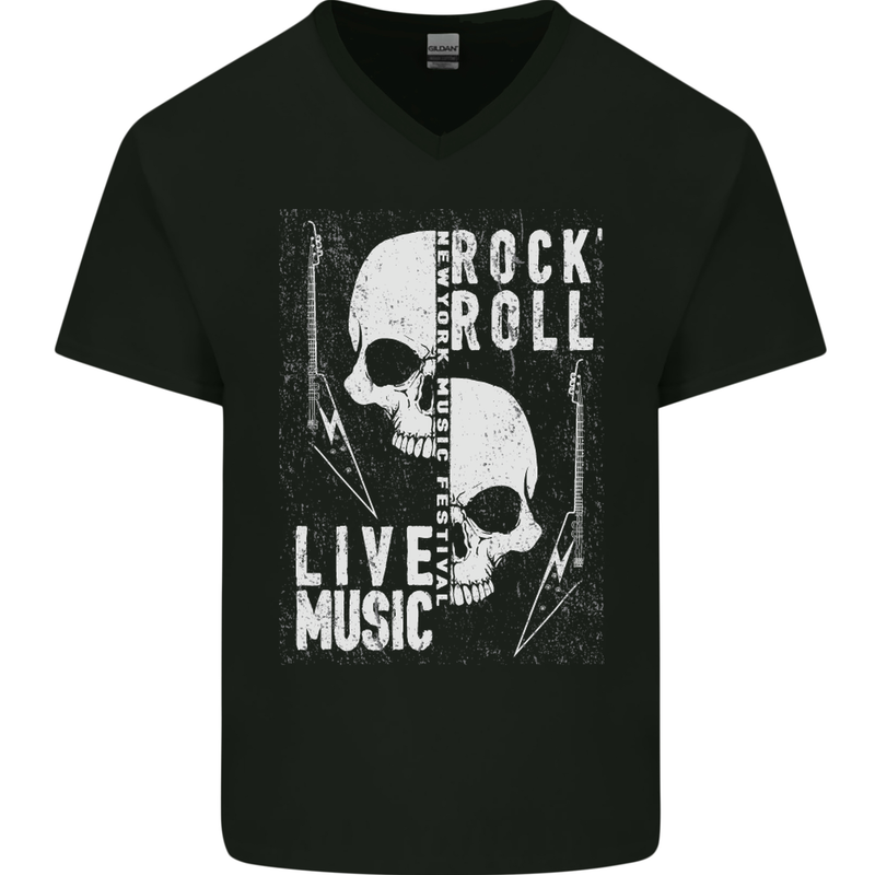 Rock n Roll Live Music Skull Guitar Mens V-Neck Cotton T-Shirt Black