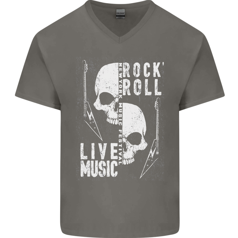 Rock n Roll Live Music Skull Guitar Mens V-Neck Cotton T-Shirt Charcoal