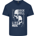 Rock n Roll Live Music Skull Guitar Mens V-Neck Cotton T-Shirt Navy Blue