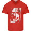 Rock n Roll Live Music Skull Guitar Mens V-Neck Cotton T-Shirt Red