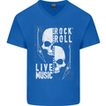 Rock n Roll Live Music Skull Guitar Mens V-Neck Cotton T-Shirt Royal Blue