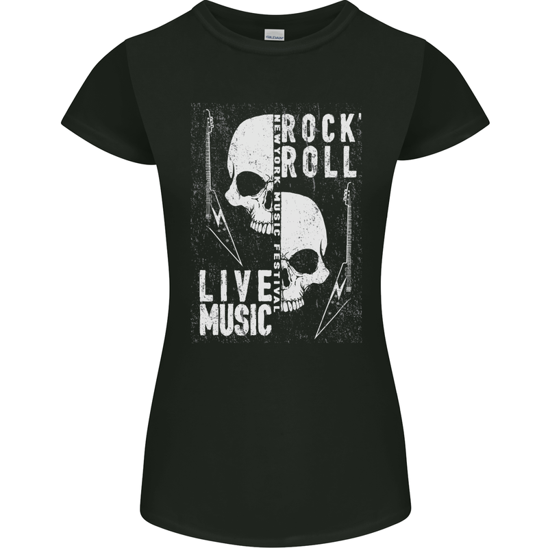 Rock n Roll Live Music Skull Guitar Womens Petite Cut T-Shirt Black