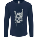 Rock n Roll Music Salute Skull Biker Gothic Mens Long Sleeve T-Shirt Navy Blue