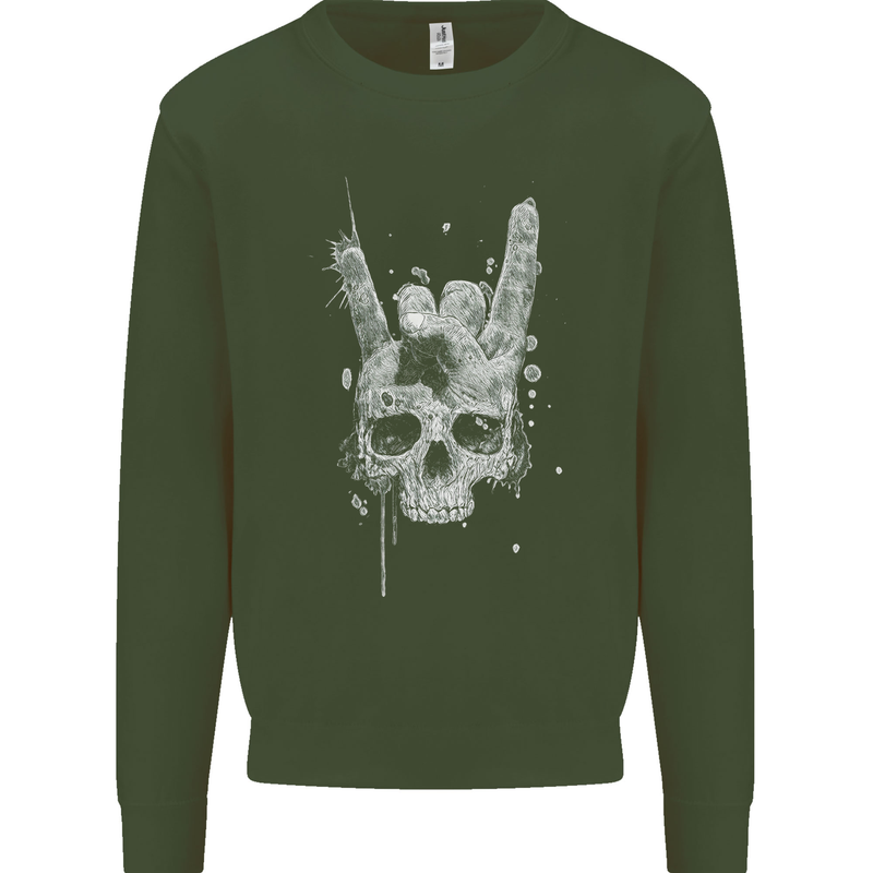 Rock n Roll Music Salute Skull Biker Gothic Mens Sweatshirt Jumper Forest Green