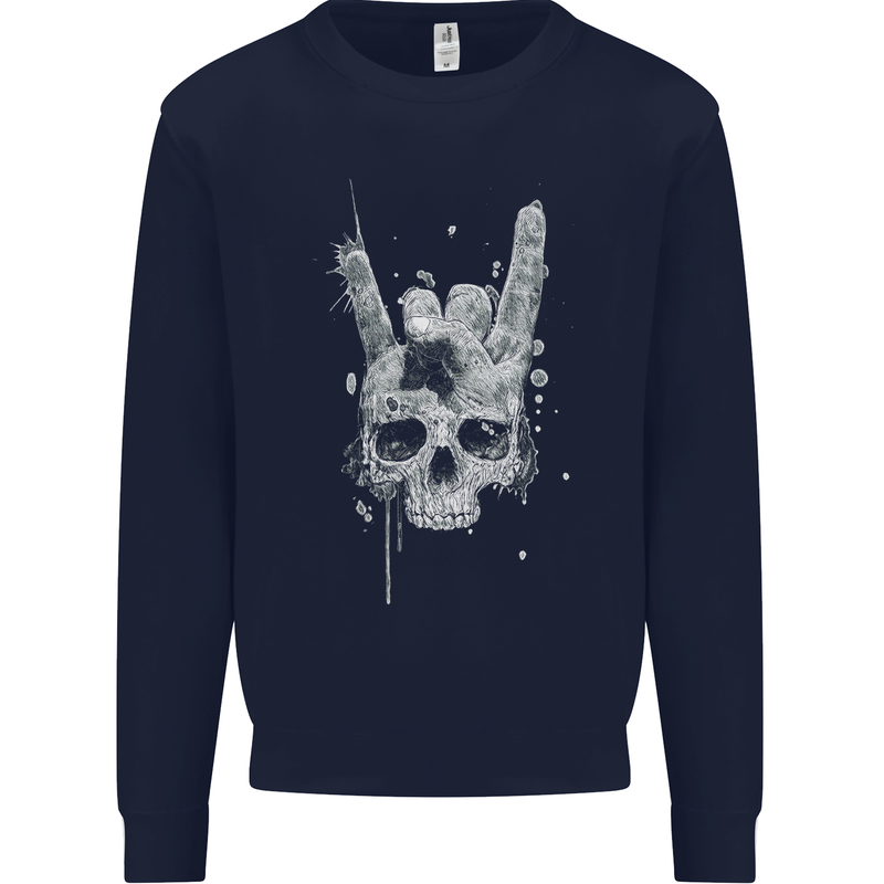 Rock n Roll Music Salute Skull Biker Gothic Mens Sweatshirt Jumper Navy Blue