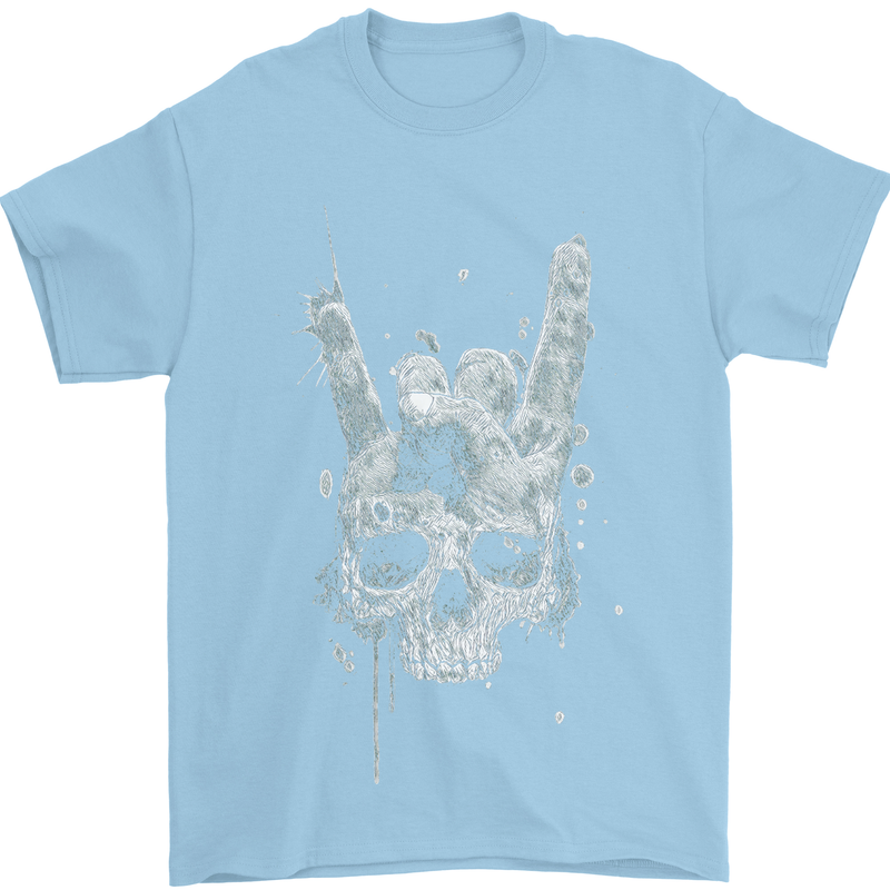 Rock n Roll Music Salute Skull Biker Gothic Mens T-Shirt Cotton Gildan Light Blue