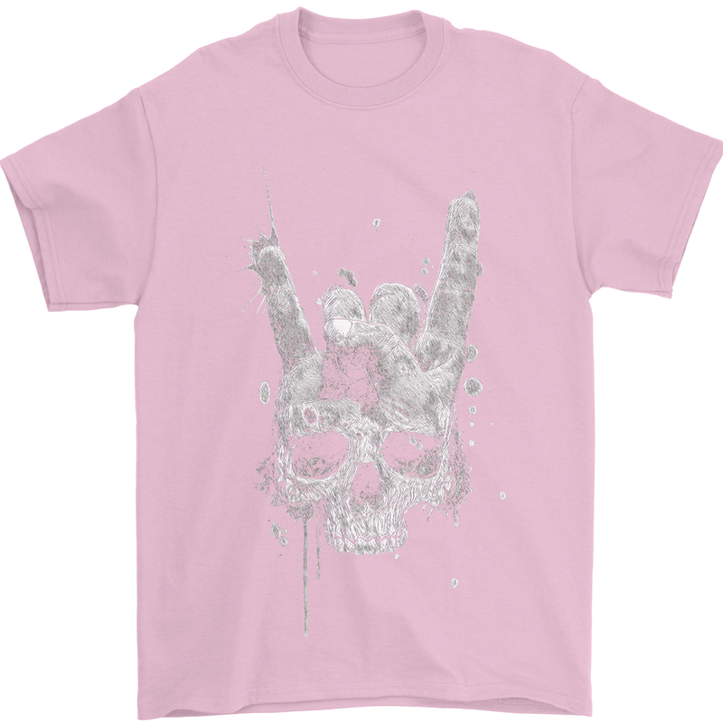 Rock n Roll Music Salute Skull Biker Gothic Mens T-Shirt Cotton Gildan Light Pink