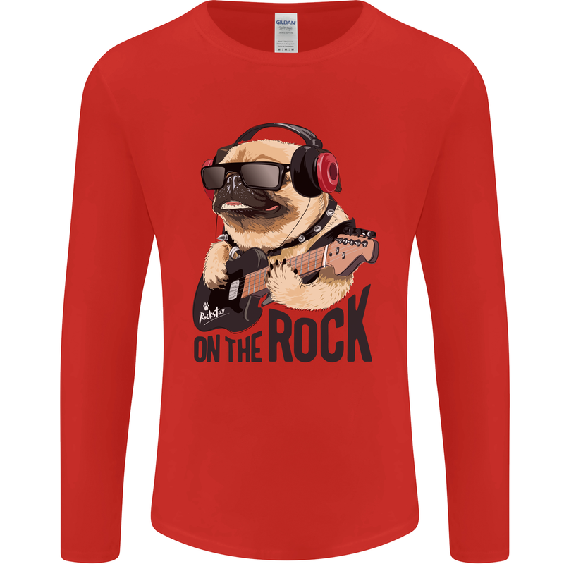 Rock n Roll Pug Funny Guitar Heavy Metal Mens Long Sleeve T-Shirt Red