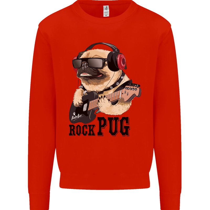 Rock n Roll Pug Funny Guitar Heavy Metal Mens Sweatshirt Jumper Bright Red