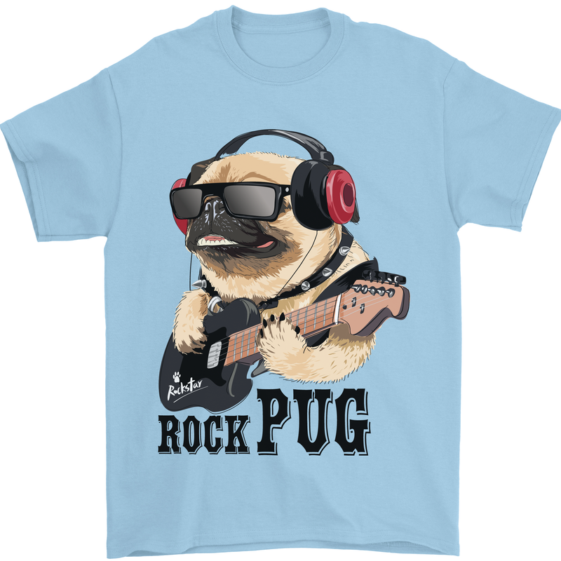 Rock n Roll Pug Funny Guitar Heavy Metal Mens T-Shirt Cotton Gildan Light Blue