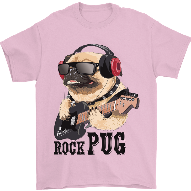 Rock n Roll Pug Funny Guitar Heavy Metal Mens T-Shirt Cotton Gildan Light Pink