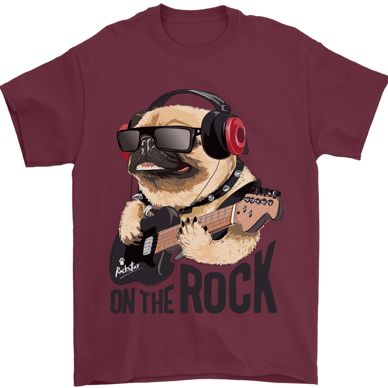 Rock n Roll Pug Funny Guitar Heavy Metal Mens T-Shirt Cotton Gildan Maroon