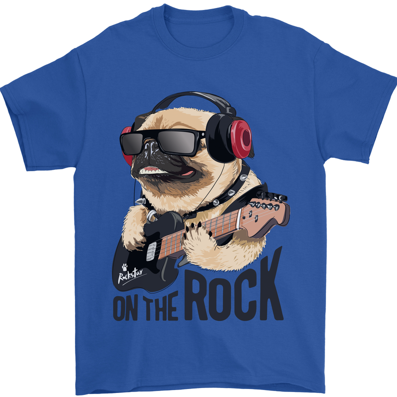 Rock n Roll Pug Funny Guitar Heavy Metal Mens T-Shirt Cotton Gildan Royal Blue