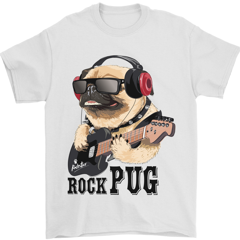 Rock n Roll Pug Funny Guitar Heavy Metal Mens T-Shirt Cotton Gildan White