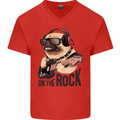 Rock n Roll Pug Funny Guitar Heavy Metal Mens V-Neck Cotton T-Shirt Red