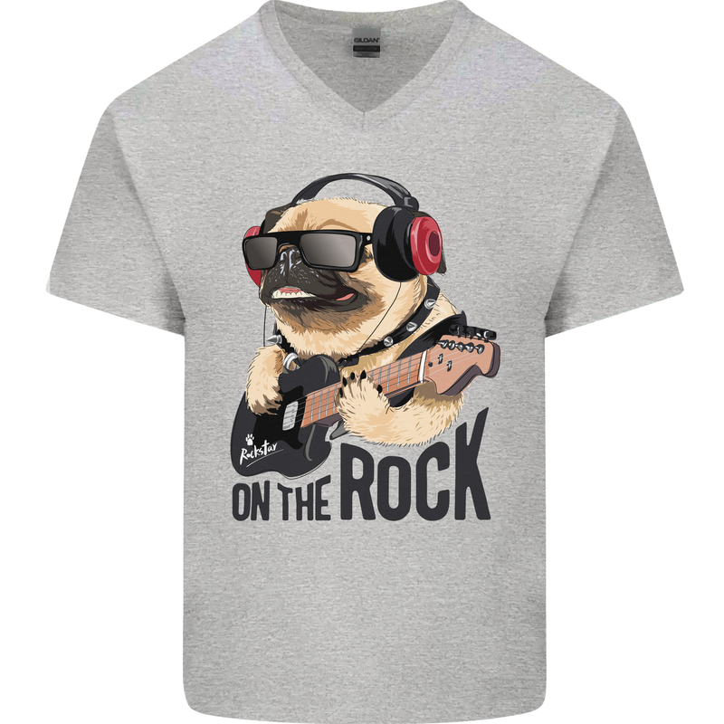 Rock n Roll Pug Funny Guitar Heavy Metal Mens V-Neck Cotton T-Shirt Sports Grey