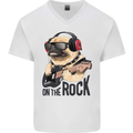 Rock n Roll Pug Funny Guitar Heavy Metal Mens V-Neck Cotton T-Shirt White
