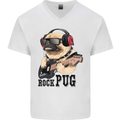 Rock n Roll Pug Funny Guitar Heavy Metal Mens V-Neck Cotton T-Shirt White