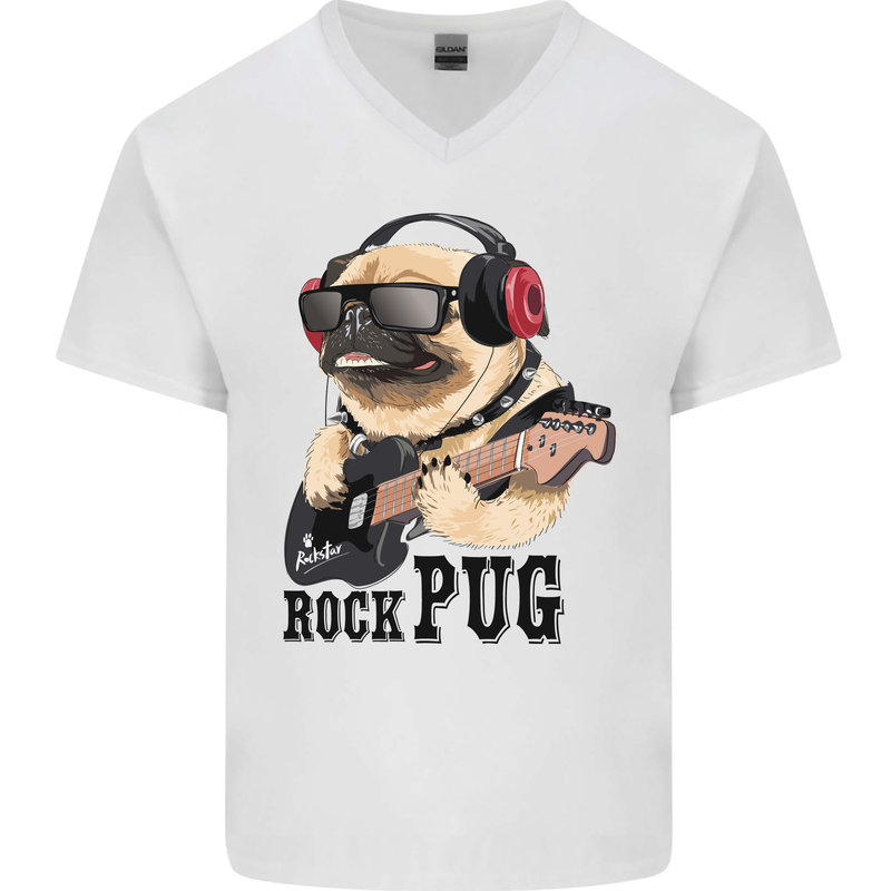 Rock n Roll Pug Funny Guitar Heavy Metal Mens V-Neck Cotton T-Shirt White