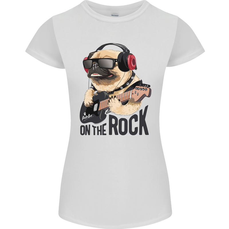 Rock n Roll Pug Funny Guitar Heavy Metal Womens Petite Cut T-Shirt White