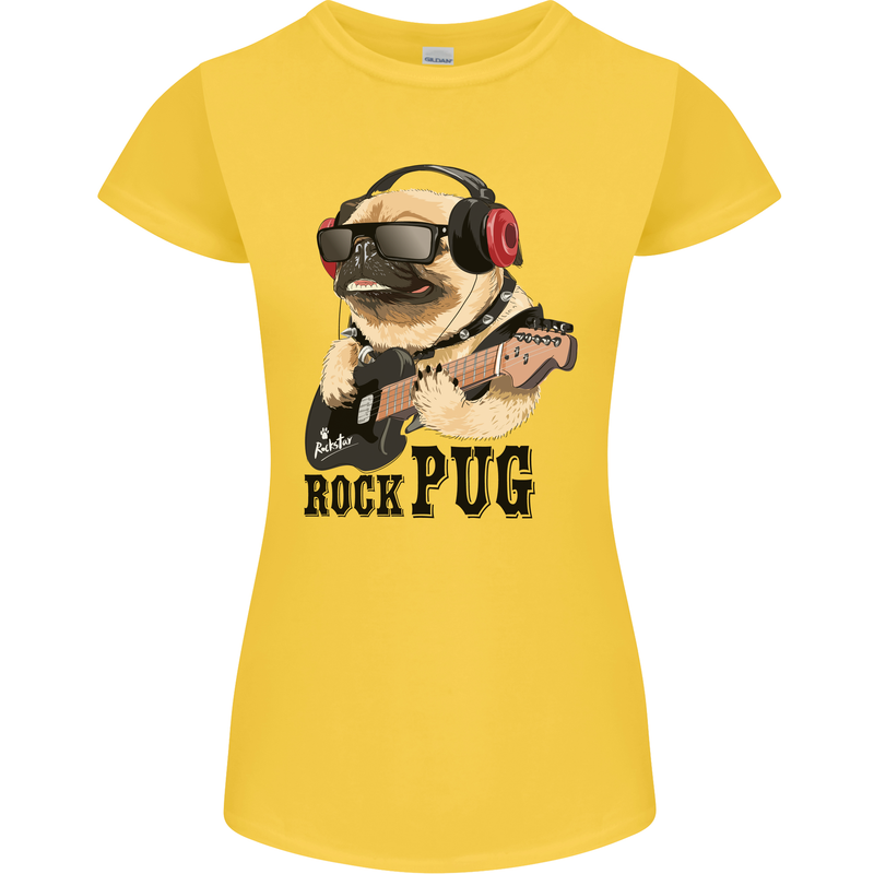 Rock n Roll Pug Funny Guitar Heavy Metal Womens Petite Cut T-Shirt Yellow