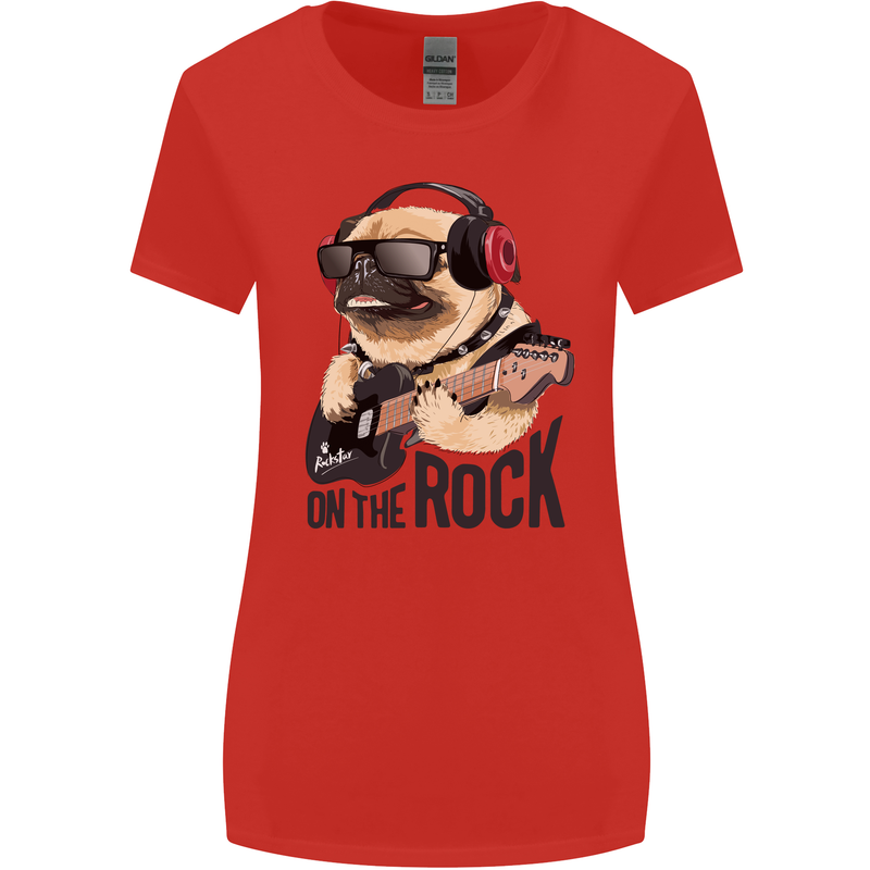 Rock n Roll Pug Funny Guitar Heavy Metal Womens Wider Cut T-Shirt Red