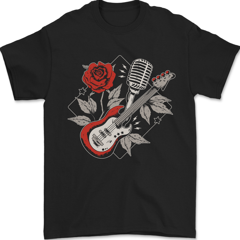 Rockabilly Guitar & Microphone Rock & Roll Mens T-Shirt 100% Cotton Black