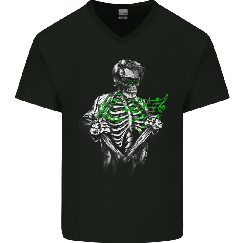 Rockabilly Skeleton Music Skull Hot Rod Mens V-Neck Cotton T-Shirt Black