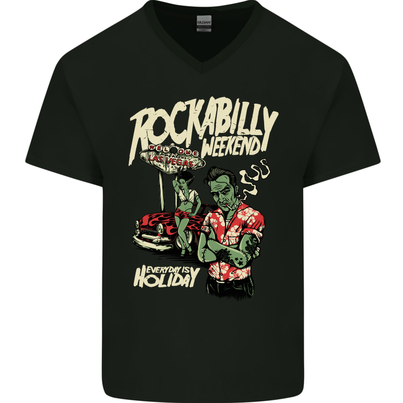 Rockabilly Weekend Music Hot Rod Mens V-Neck Cotton T-Shirt Black