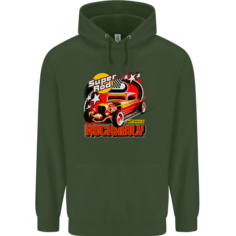 Rockabily Hot Rod Hotrod Dragster Childrens Kids Hoodie Forest Green
