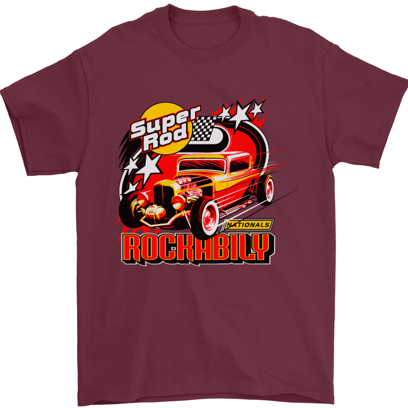 Rockabily Hot Rod Hotrod Dragster Mens T-Shirt Cotton Gildan Maroon