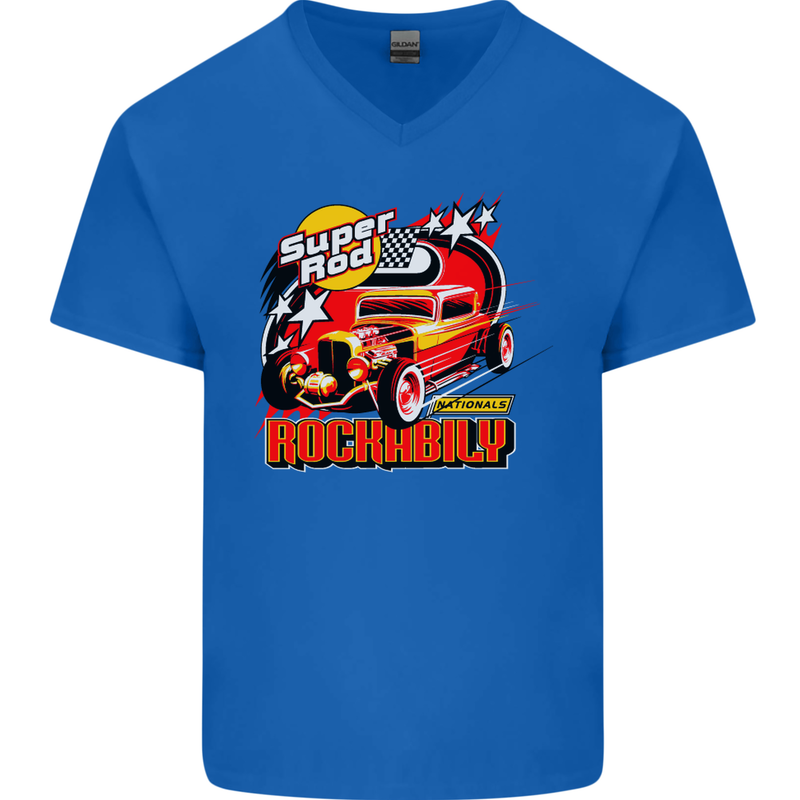 Rockabily Hot Rod Hotrod Dragster Mens V-Neck Cotton T-Shirt Royal Blue