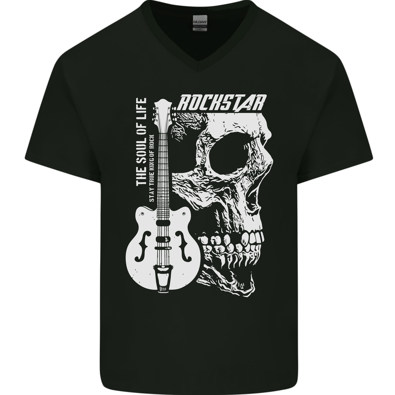 Rockstar Skull Rock Heavy Metal Guitar Mens V-Neck Cotton T-Shirt Black