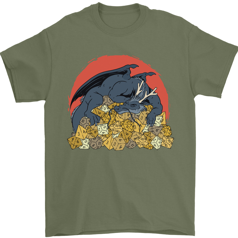 Role Play Games Dragon RPG Dice Funny Mens T-Shirt Cotton Gildan Military Green